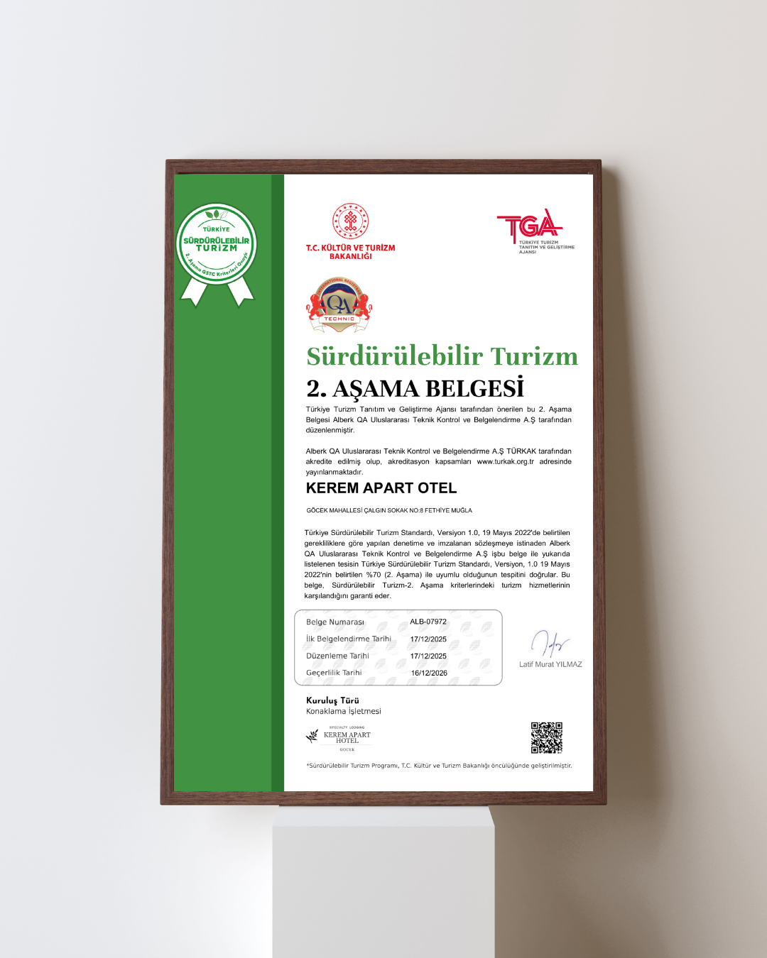 Kerem Apart Hotel Sustainable Tourism Stage 2 Certificate